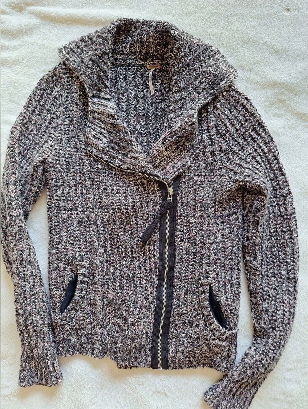 Free People Marbled Chunky Knit Moto Asymmetrical Zip Sweater Jacket Size XS